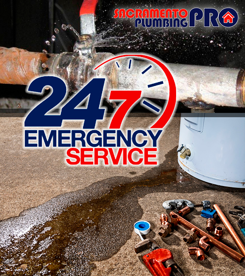 Emergency 24/7 plumbing services in Sacramento with a burst pipe and professional tools, highlighting SacramentoPlumbing.Pro's prompt response.