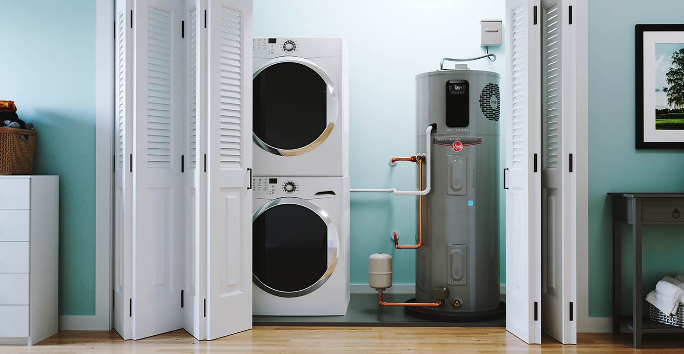 New energy-efficient water heater installed by Sacramento Plumbing Pro in a clean, organized home utility space.